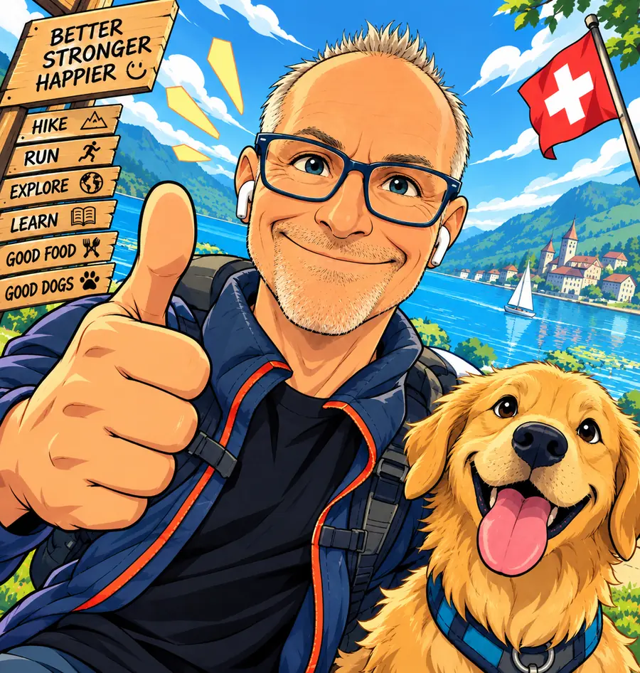Illustration of Tony giving a thumbs-up beside a golden retriever, with a Swiss lake, mountains and a signpost reading Hike, Run, Explore, Learn, Good Food, Good Dogs